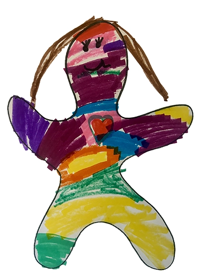 A colorful drawing of a young girl created by an actual client's child.
