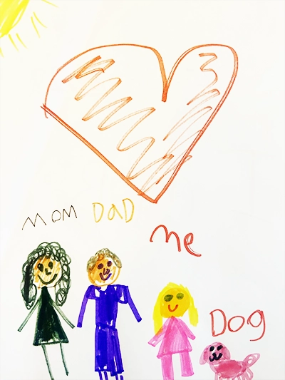 A colorful drawing of a happy family created by an actual client's child.